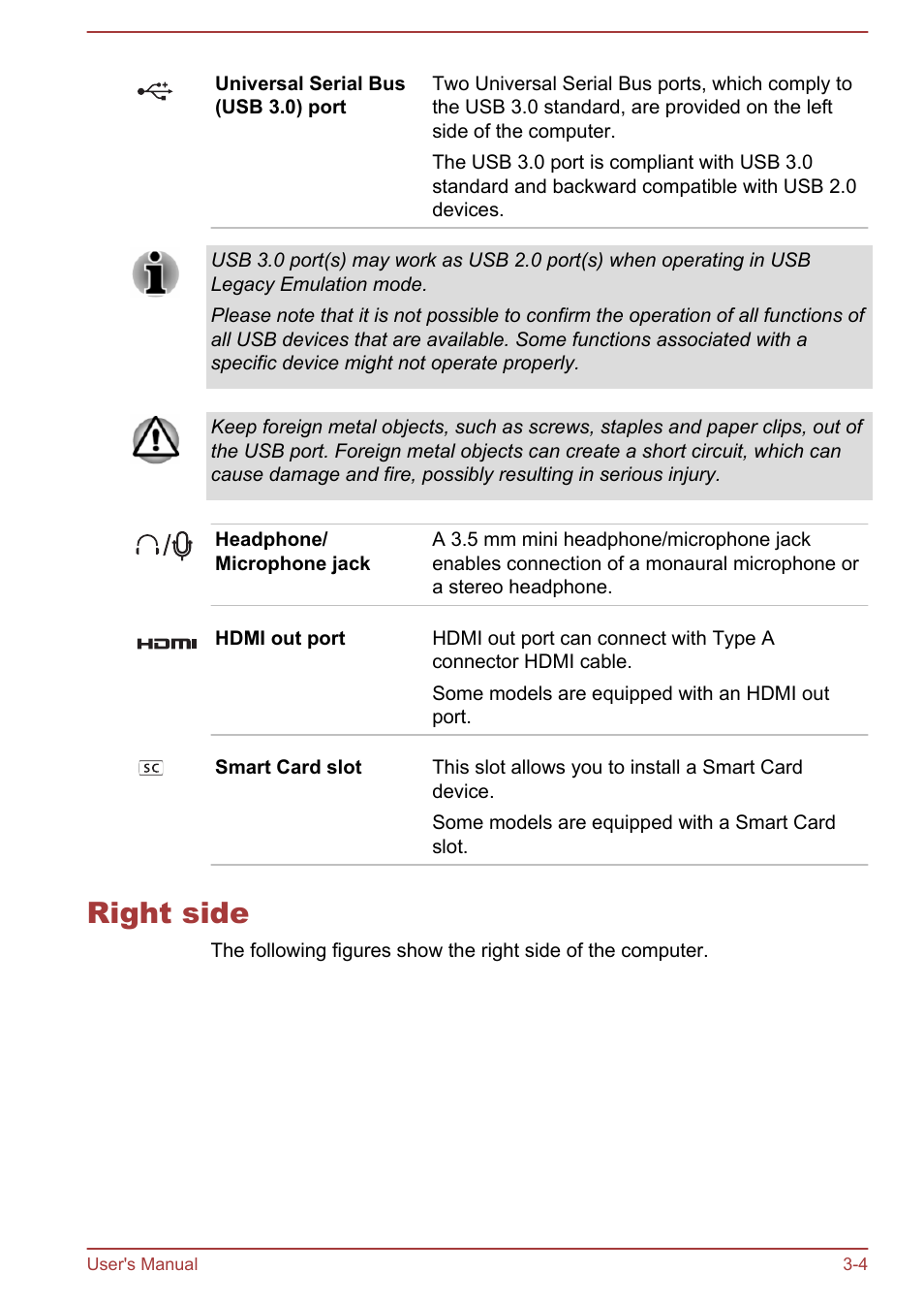 Right side, Right side -4 | Toshiba Tecra W50-A User Manual | Page 36 / 166