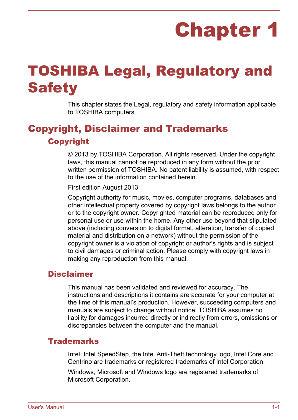 Chapter 1 toshiba legal, regulatory and safety, Copyright, disclaimer and trademarks, Copyright | Disclaimer, Trademarks, Chapter 1, Toshiba legal, regulatory and safety, Copyright, disclaimer and trademarks -1 | Toshiba Tecra W50-A User Manual | Page 4 / 166