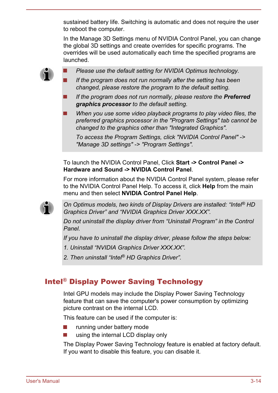 Intel® display power saving technology, Intel, Display power saving technology | Toshiba Tecra W50-A User Manual | Page 46 / 166