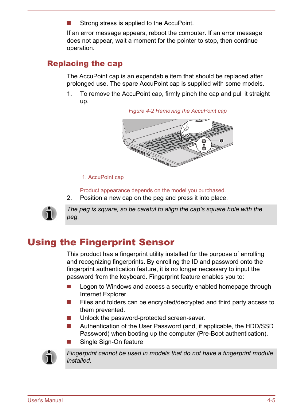 Replacing the cap, Using the fingerprint sensor, Using the fingerprint sensor -5 | Toshiba Tecra W50-A User Manual | Page 55 / 166