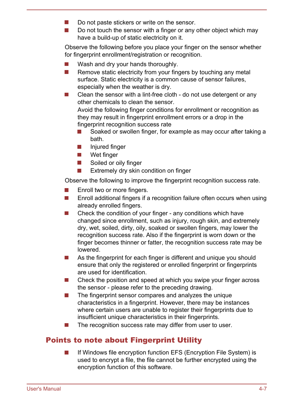 Points to note about fingerprint utility | Toshiba Tecra W50-A User Manual | Page 57 / 166