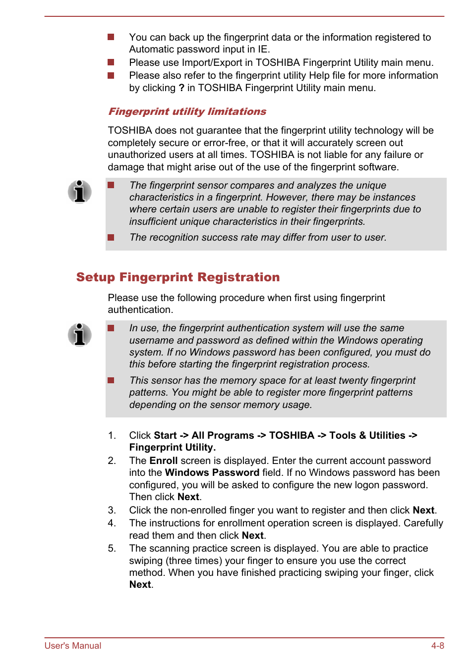Setup fingerprint registration | Toshiba Tecra W50-A User Manual | Page 58 / 166