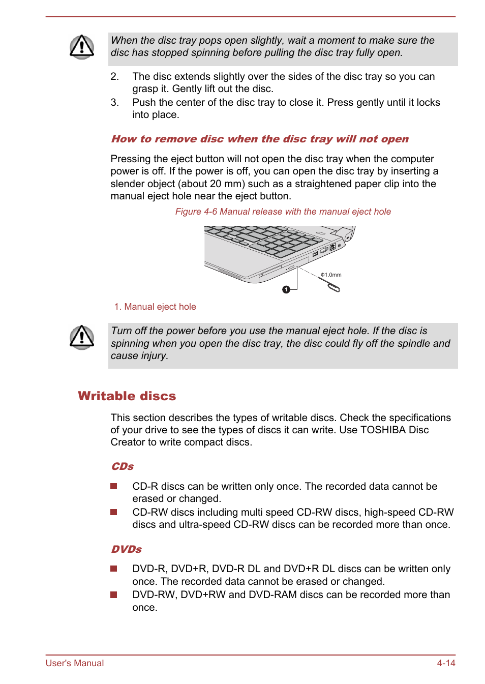 Writable discs | Toshiba Tecra W50-A User Manual | Page 64 / 166