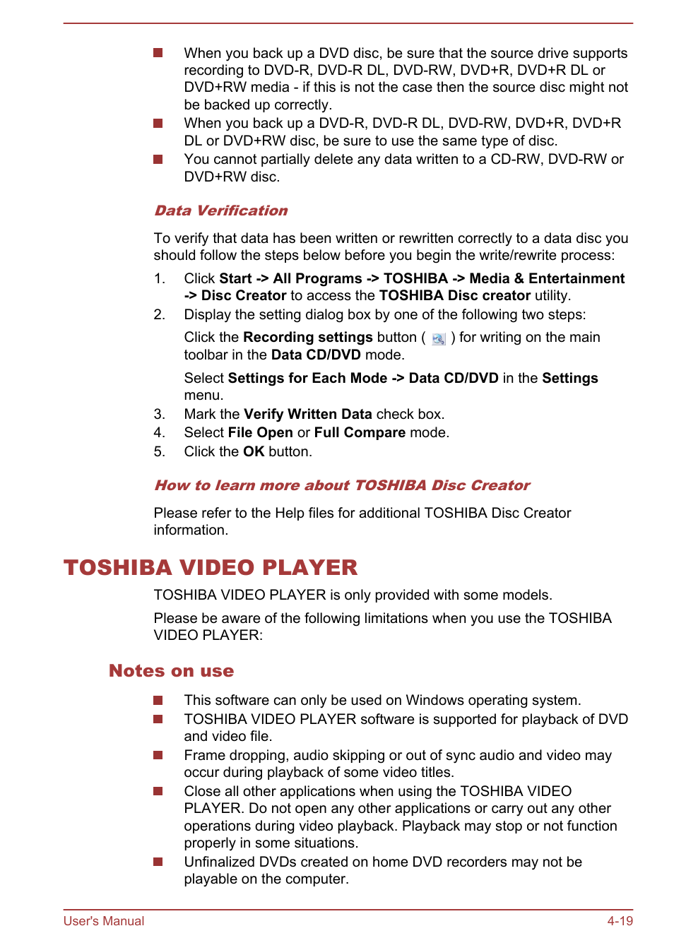 Toshiba video player, Notes on use, Toshiba video player -19 | Toshiba Tecra W50-A User Manual | Page 69 / 166