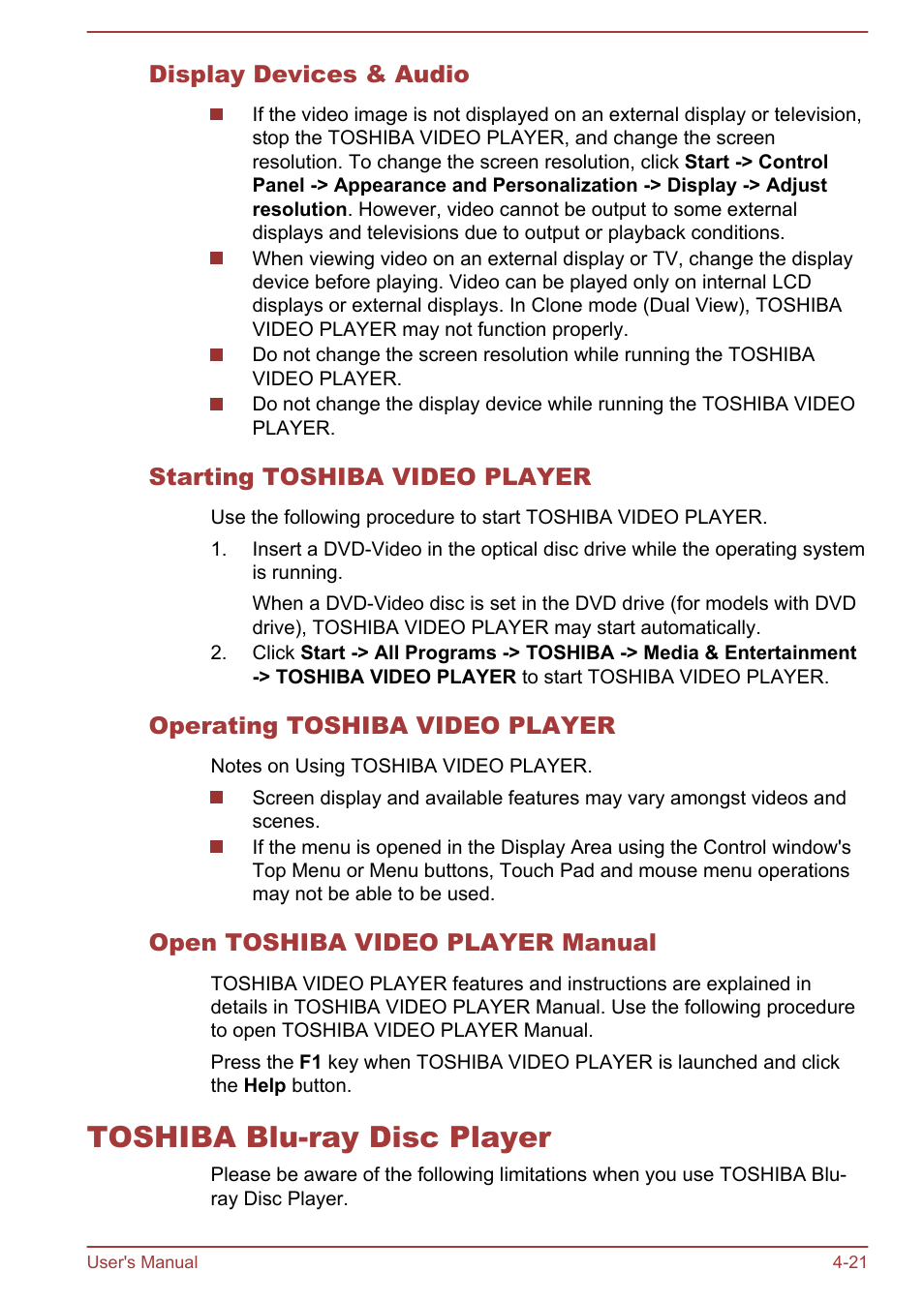 Display devices & audio, Starting toshiba video player, Operating toshiba video player | Open toshiba video player manual, Toshiba blu-ray disc player, Toshiba blu-ray disc player -21 | Toshiba Tecra W50-A User Manual | Page 71 / 166