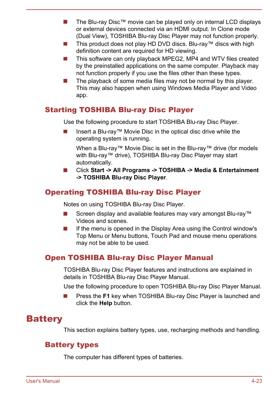 Starting toshiba blu-ray disc player, Operating toshiba blu-ray disc player, Open toshiba blu-ray disc player manual | Battery, Battery types, Battery -23 | Toshiba Tecra W50-A User Manual | Page 73 / 166