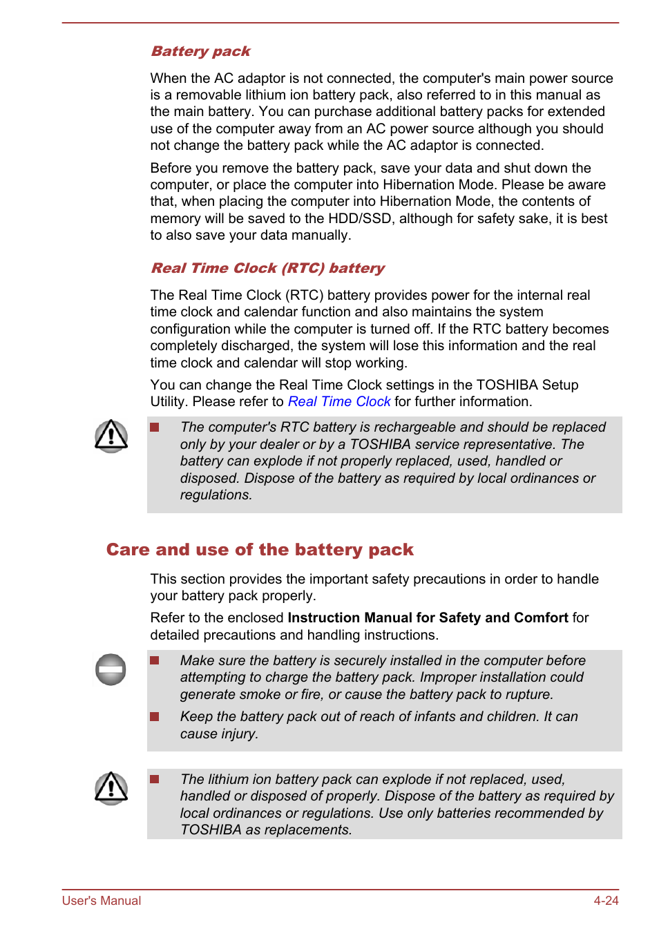 Care and use of the battery pack | Toshiba Tecra W50-A User Manual | Page 74 / 166
