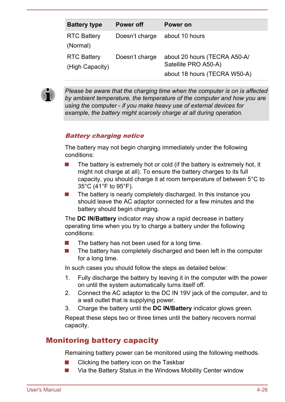Monitoring battery capacity | Toshiba Tecra W50-A User Manual | Page 76 / 166