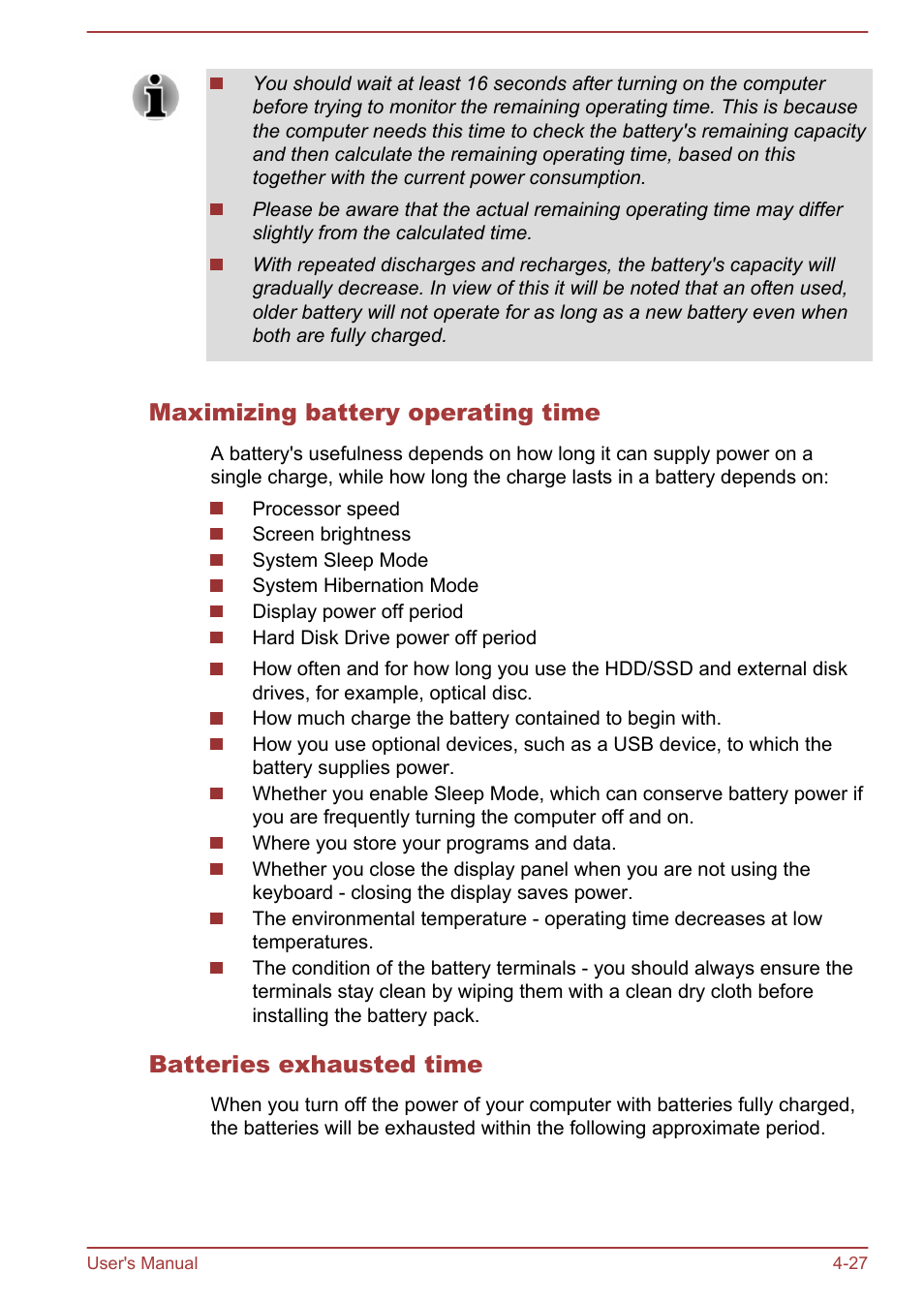 Maximizing battery operating time, Batteries exhausted time | Toshiba Tecra W50-A User Manual | Page 77 / 166