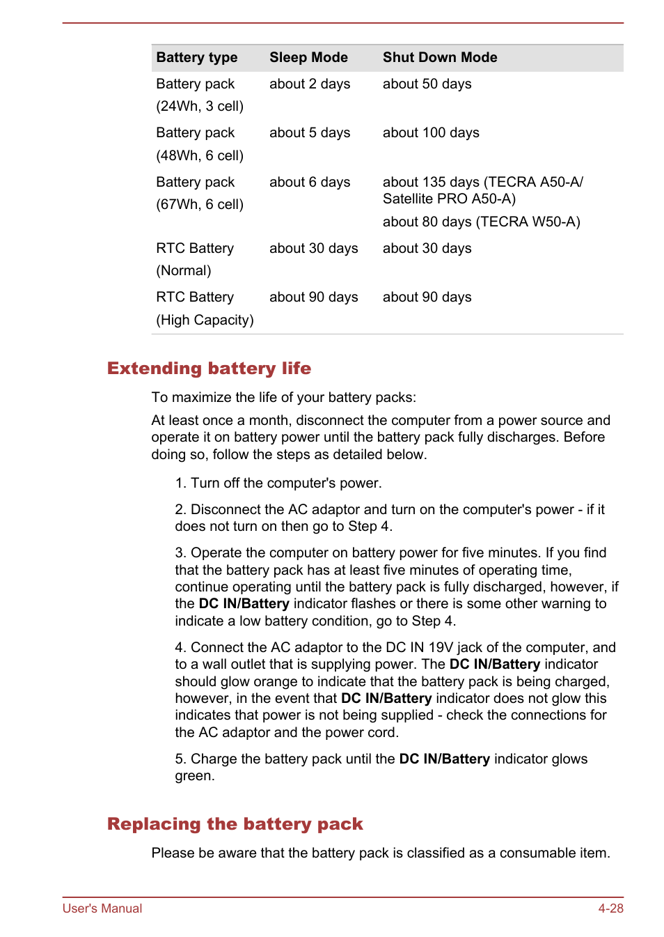 Extending battery life, Replacing the battery pack | Toshiba Tecra W50-A User Manual | Page 78 / 166