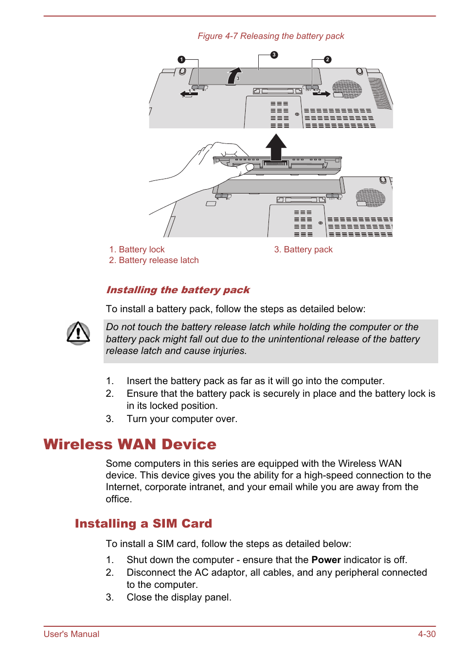 Wireless wan device, Installing a sim card, Wireless wan device -30 | Toshiba Tecra W50-A User Manual | Page 80 / 166