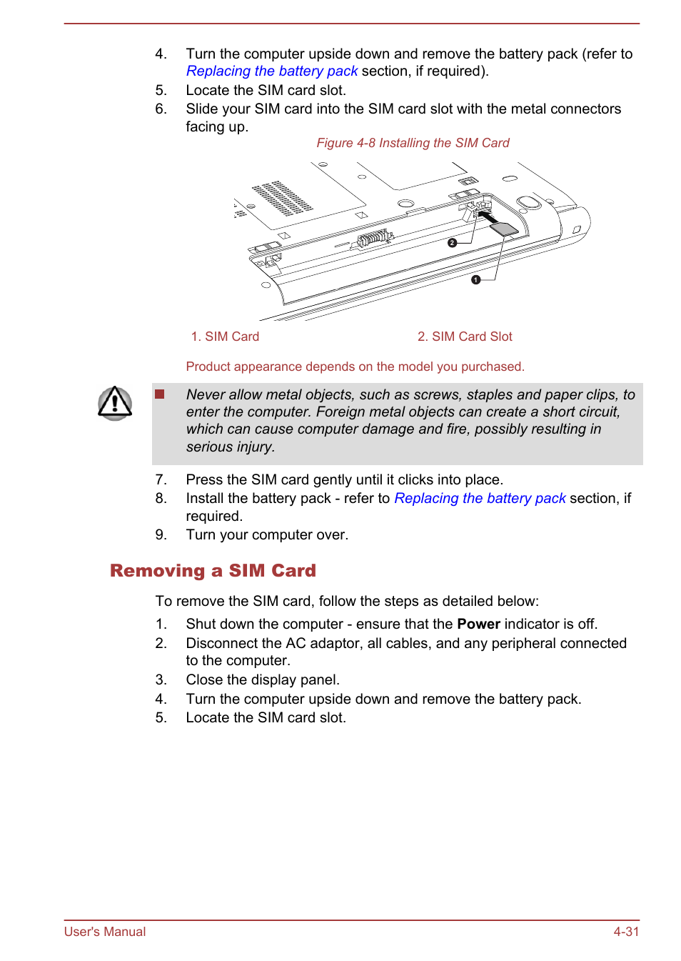 Removing a sim card | Toshiba Tecra W50-A User Manual | Page 81 / 166