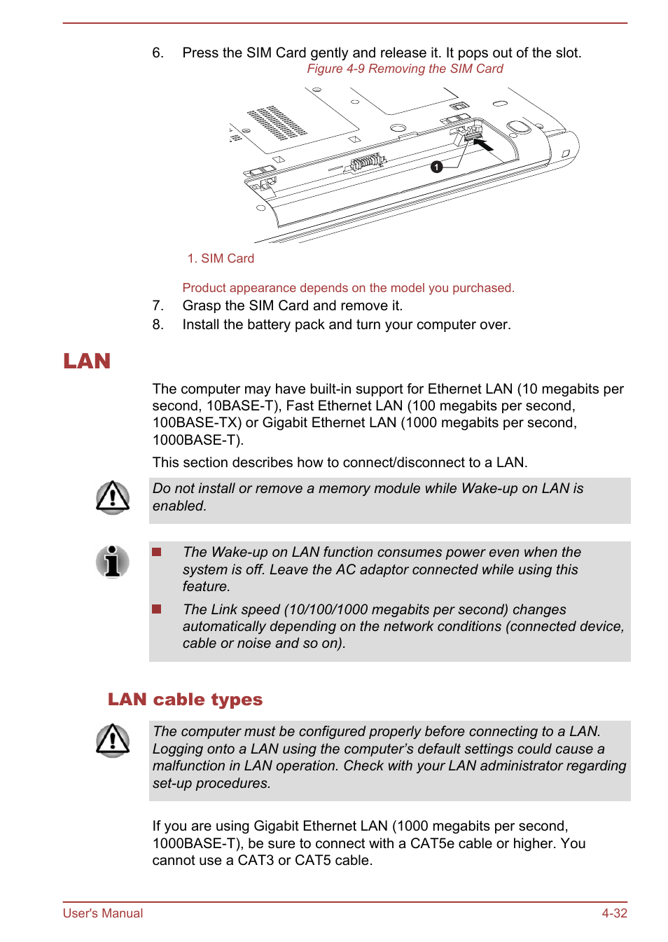 Lan cable types, Lan -32 | Toshiba Tecra W50-A User Manual | Page 82 / 166