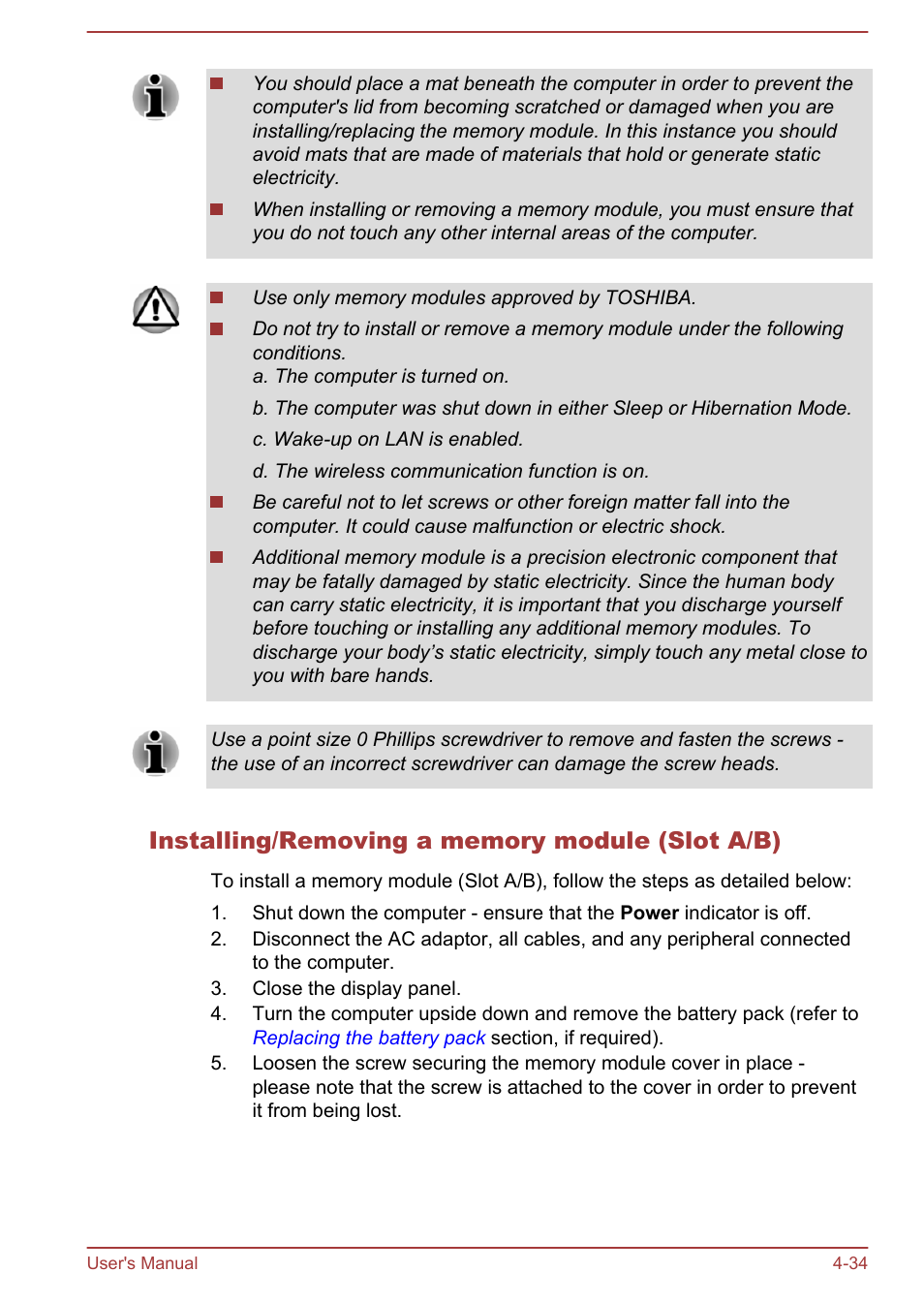 Installing/removing a memory module (slot a/b) | Toshiba Tecra W50-A User Manual | Page 84 / 166