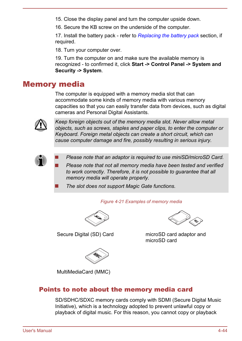 Memory media, Points to note about the memory media card, Memory media -44 | Toshiba Tecra W50-A User Manual | Page 94 / 166