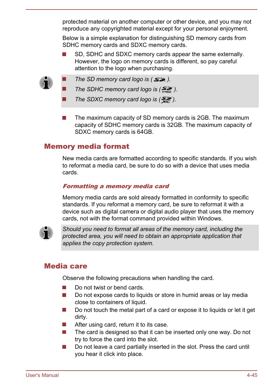 Memory media format, Media care | Toshiba Tecra W50-A User Manual | Page 95 / 166