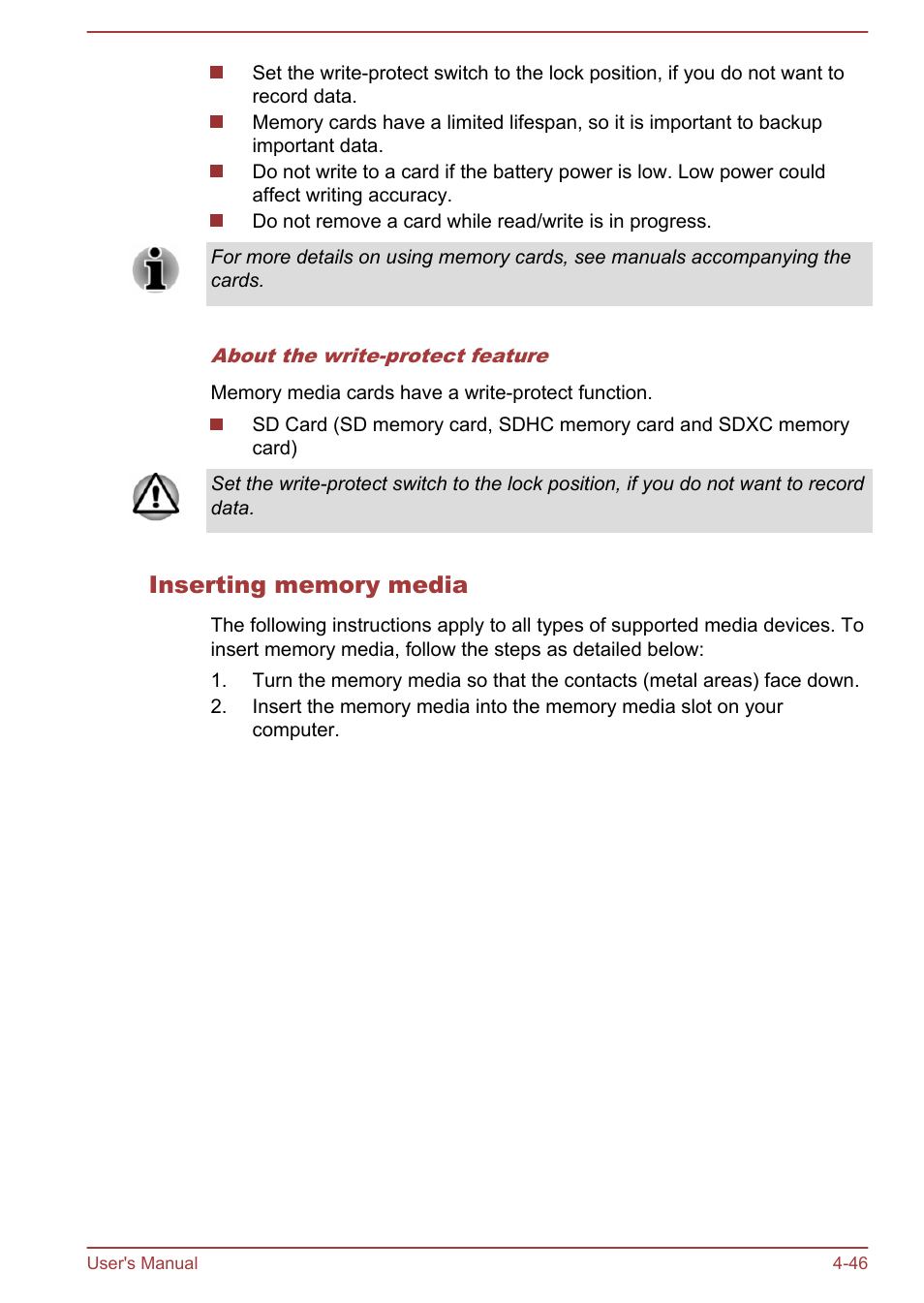 Inserting memory media | Toshiba Tecra W50-A User Manual | Page 96 / 166