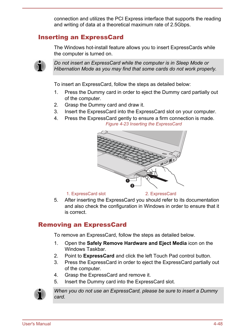 Inserting an expresscard, Removing an expresscard | Toshiba Tecra W50-A User Manual | Page 98 / 166
