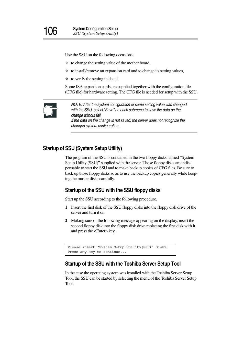 Startup of ssu (system setup utility), Startup of the ssu with the ssu floppy disks | Toshiba Magnia 3030 User Manual | Page 124 / 244