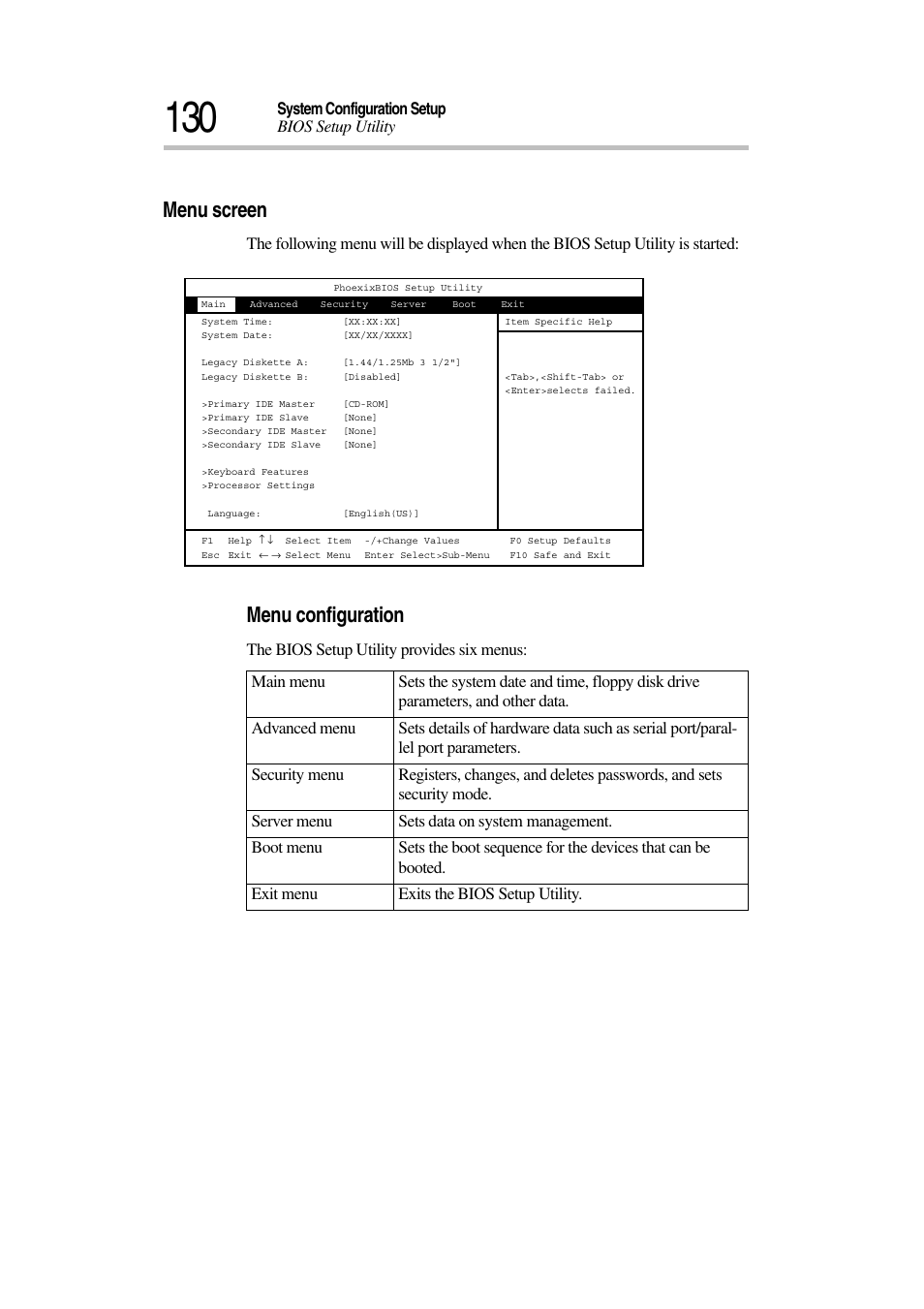 Menu screen, Menu configuration, System configuration setup bios setup utility | Toshiba Magnia 3030 User Manual | Page 148 / 244