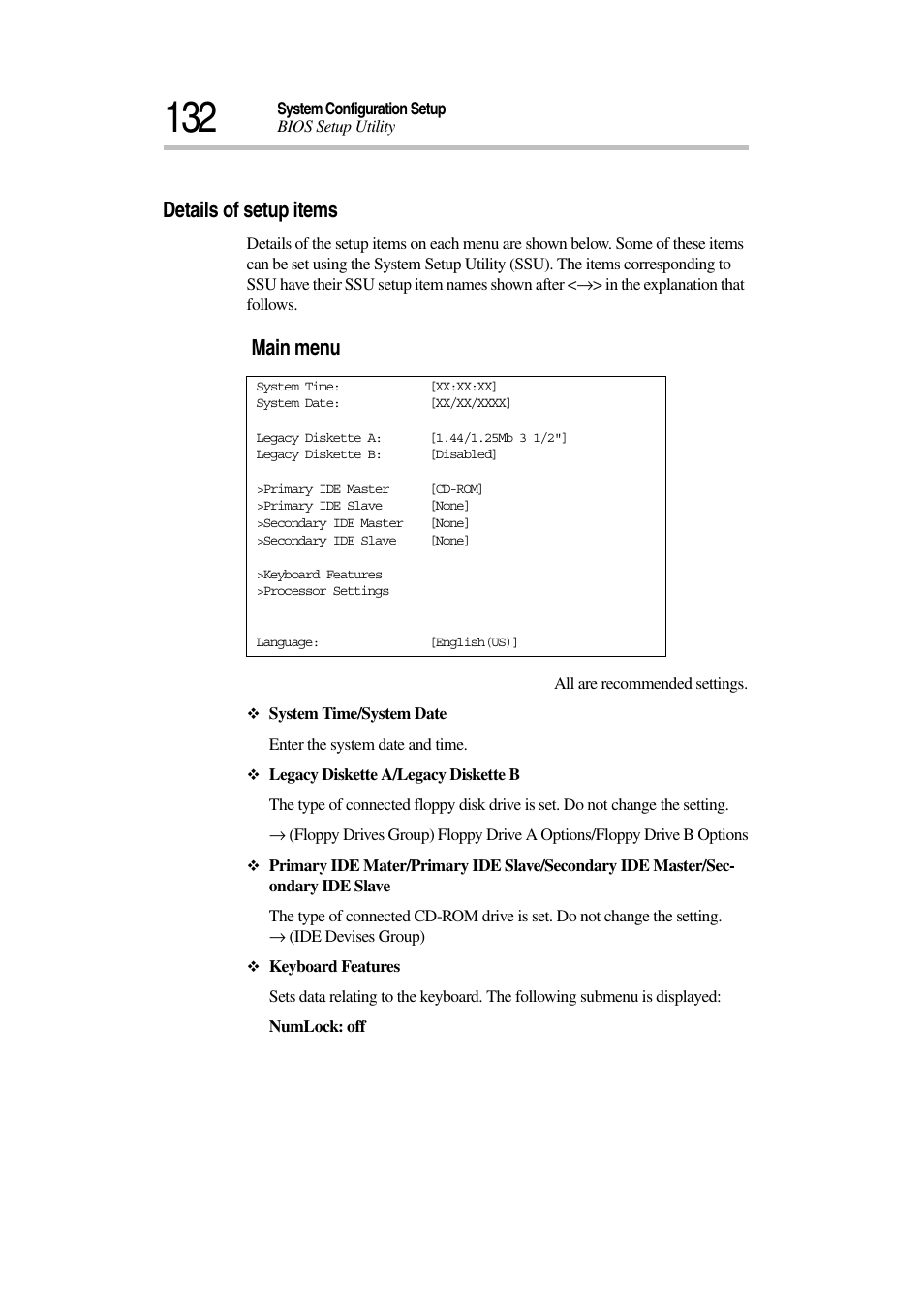 Details of setup items, Main menu | Toshiba Magnia 3030 User Manual | Page 150 / 244