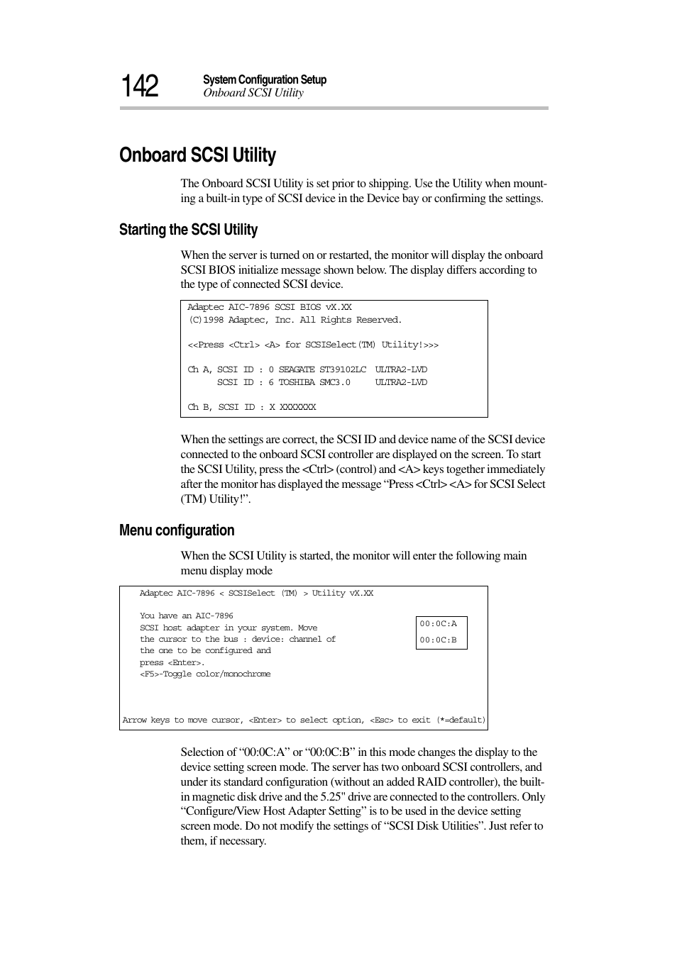 Onboard scsi utility, Starting the scsi utility, Menu configuration | Toshiba Magnia 3030 User Manual | Page 160 / 244