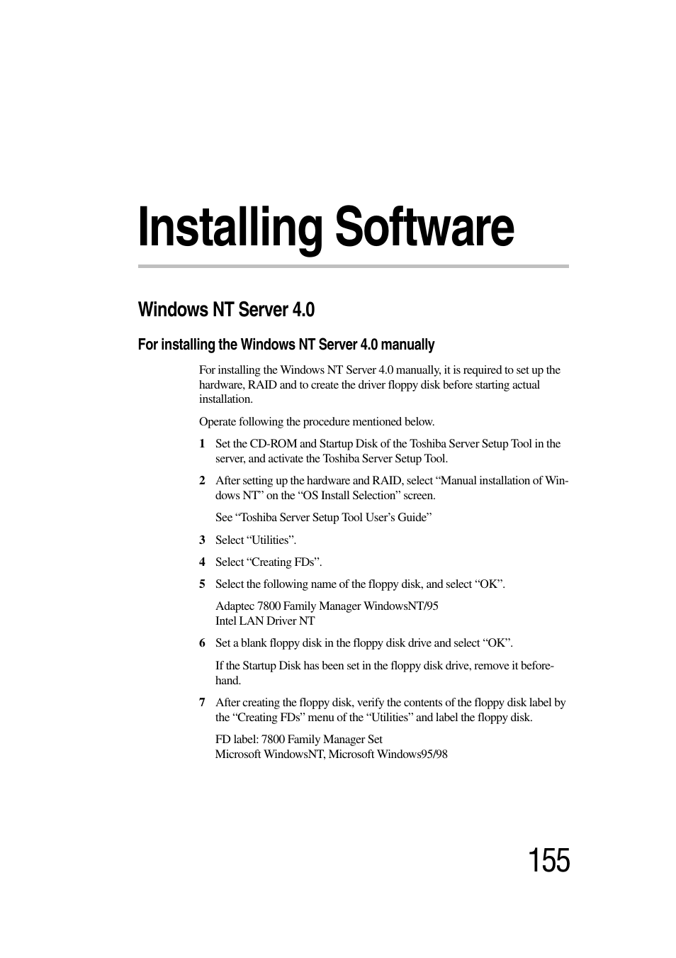 Installing software, Windows nt server 4.0 | Toshiba Magnia 3030 User Manual | Page 173 / 244