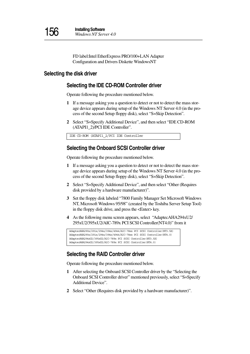 Selecting the onboard scsi controller driver, Selecting the raid controller driver | Toshiba Magnia 3030 User Manual | Page 174 / 244