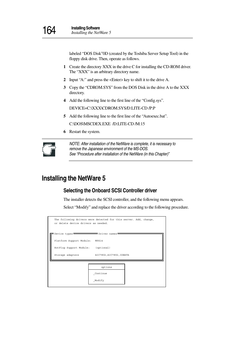 Installing the netware 5, Selecting the onboard scsi controller driver | Toshiba Magnia 3030 User Manual | Page 182 / 244