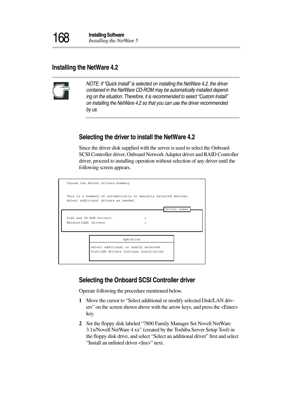 Installing the netware 4.2, Selecting the driver to install the netware 4.2, Selecting the onboard scsi controller driver | Toshiba Magnia 3030 User Manual | Page 186 / 244