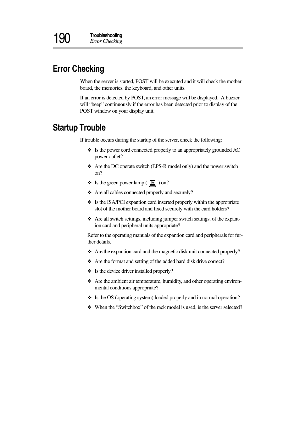 Error checking, Startup trouble | Toshiba Magnia 3030 User Manual | Page 208 / 244