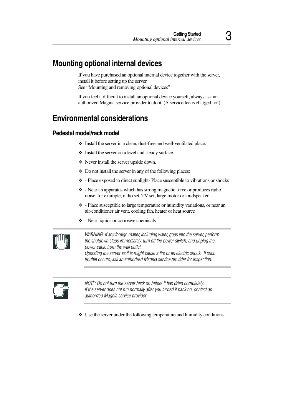 Mounting optional internal devices, Environmental considerations, Pedestal model/rack model | Toshiba Magnia 3030 User Manual | Page 21 / 244