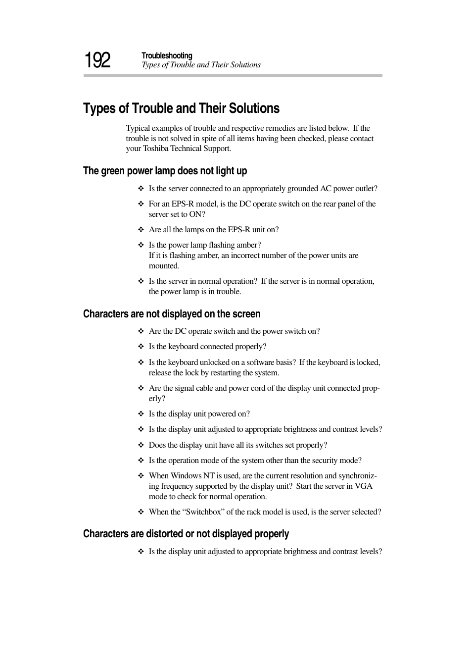 Types of trouble and their solutions, The green power lamp does not light up, Characters are not displayed on the screen | Characters are distorted or not displayed properly | Toshiba Magnia 3030 User Manual | Page 210 / 244