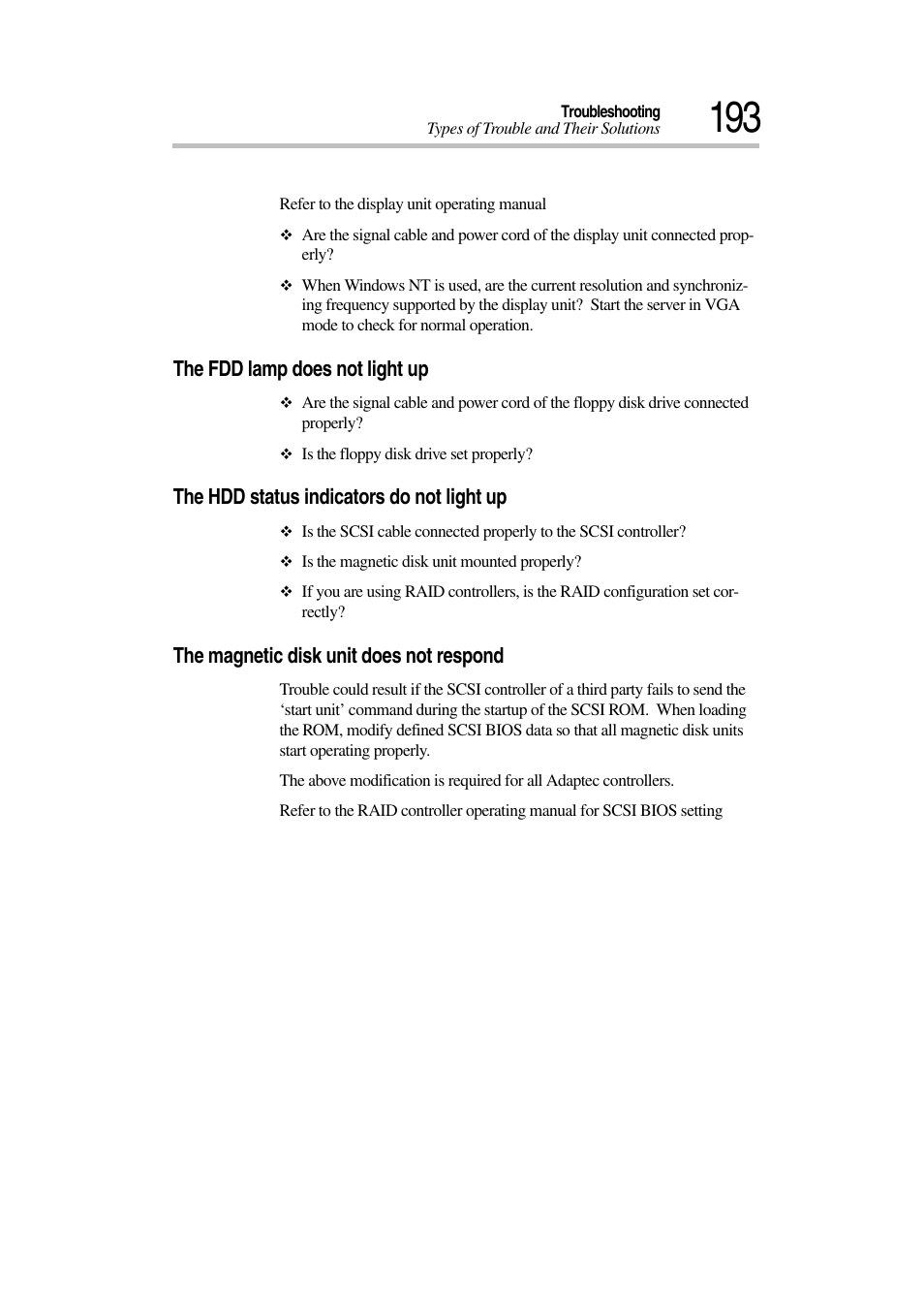 The fdd lamp does not light up, The hdd status indicators do not light up, The magnetic disk unit does not respond | Toshiba Magnia 3030 User Manual | Page 211 / 244