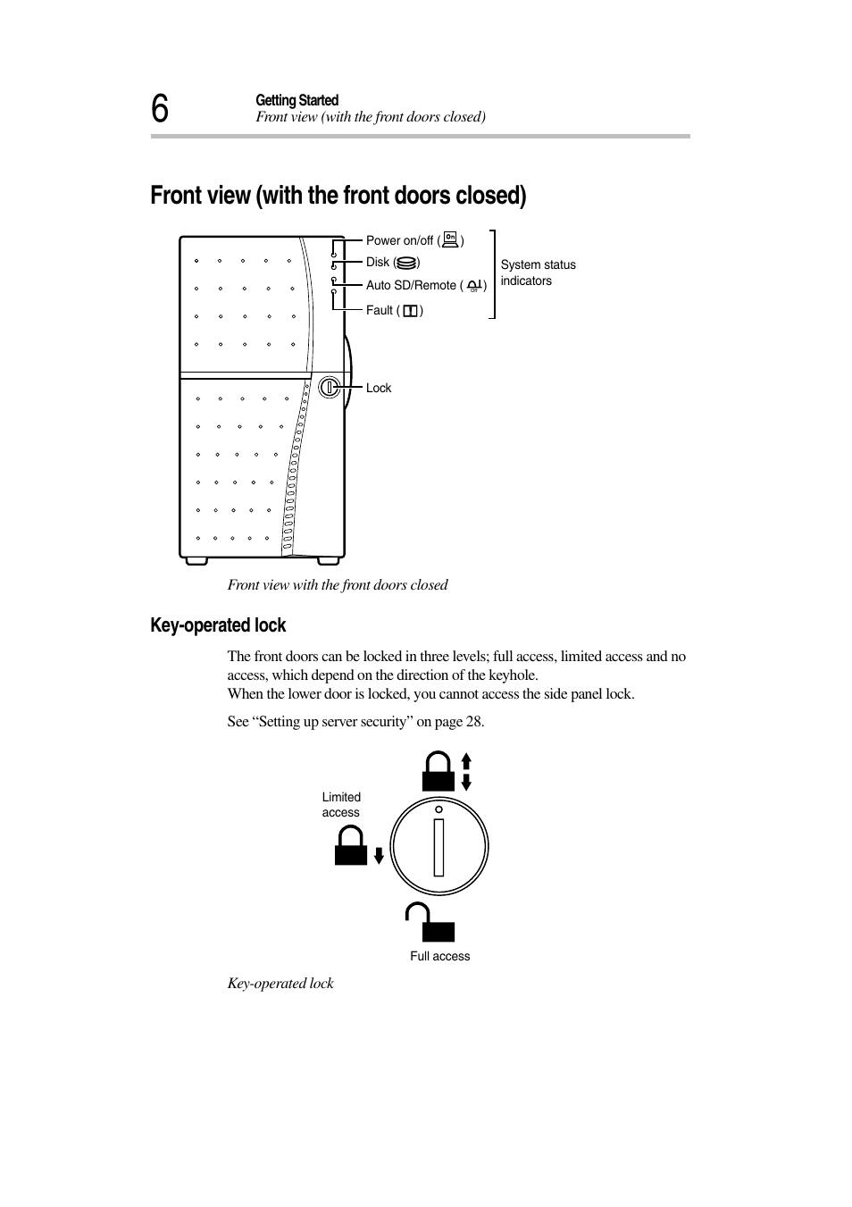 Front view (with the front doors closed), Key-operated lock | Toshiba Magnia 3030 User Manual | Page 24 / 244