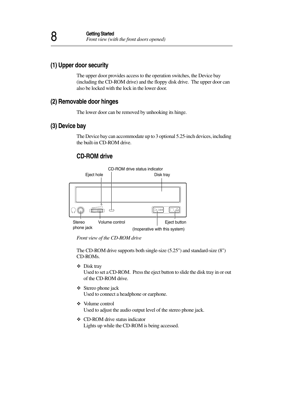 1) upper door security, 2) removable door hinges, 3) device bay | Cd-rom drive | Toshiba Magnia 3030 User Manual | Page 26 / 244