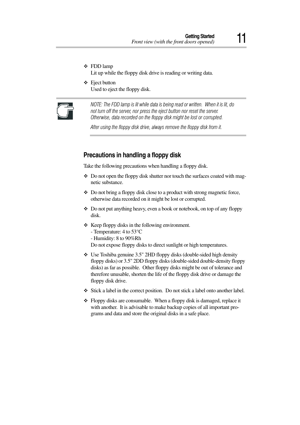 Precautions in handling a floppy disk | Toshiba Magnia 3030 User Manual | Page 29 / 244