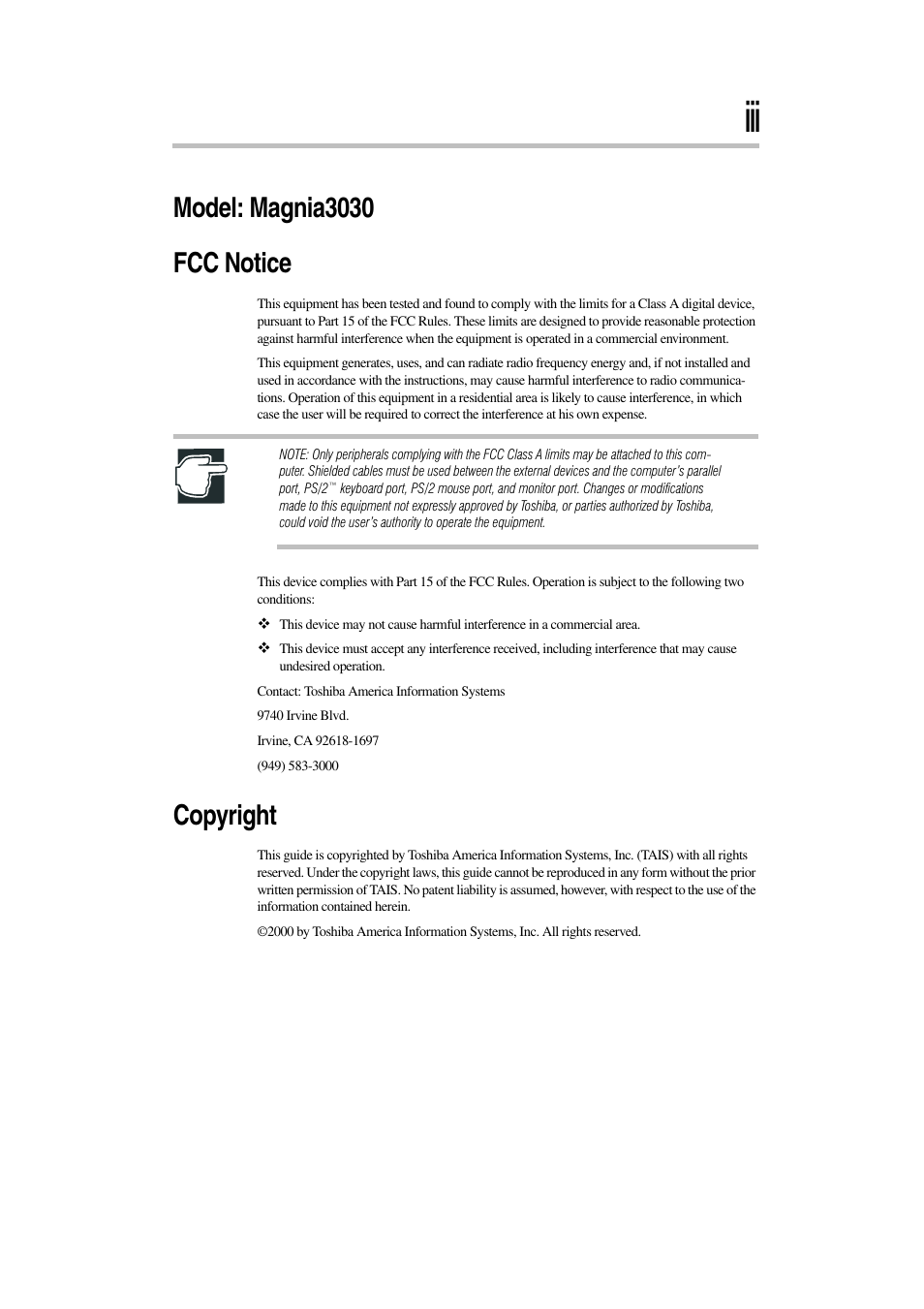 Model: magnia3030 fcc notice, Copyright | Toshiba Magnia 3030 User Manual | Page 3 / 244