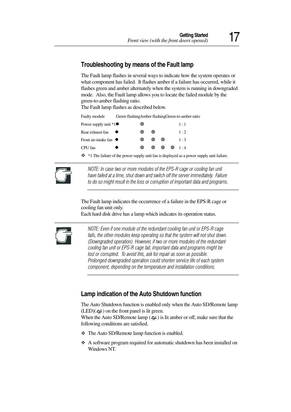 Troubleshooting by means of the fault lamp, Lamp indication of the auto shutdown function | Toshiba Magnia 3030 User Manual | Page 35 / 244