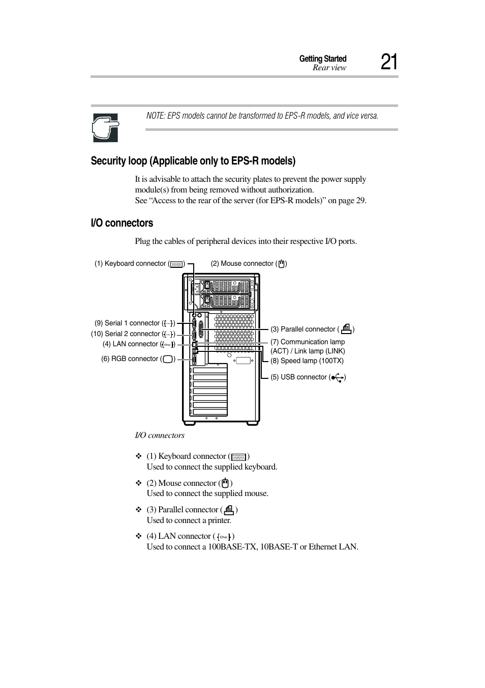 Security loop (applicable only to eps-r models), I/o connectors | Toshiba Magnia 3030 User Manual | Page 39 / 244