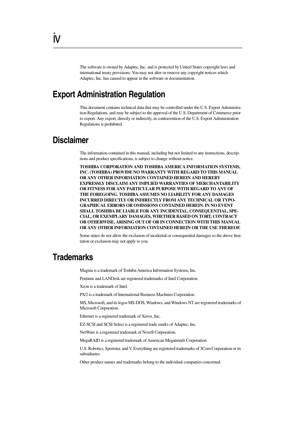 Export administration regulation, Disclaimer, Trademarks | Toshiba Magnia 3030 User Manual | Page 4 / 244