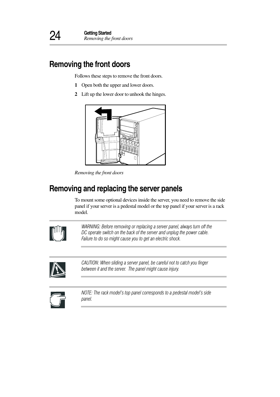 Removing the front doors, Removing and replacing the server panels | Toshiba Magnia 3030 User Manual | Page 42 / 244