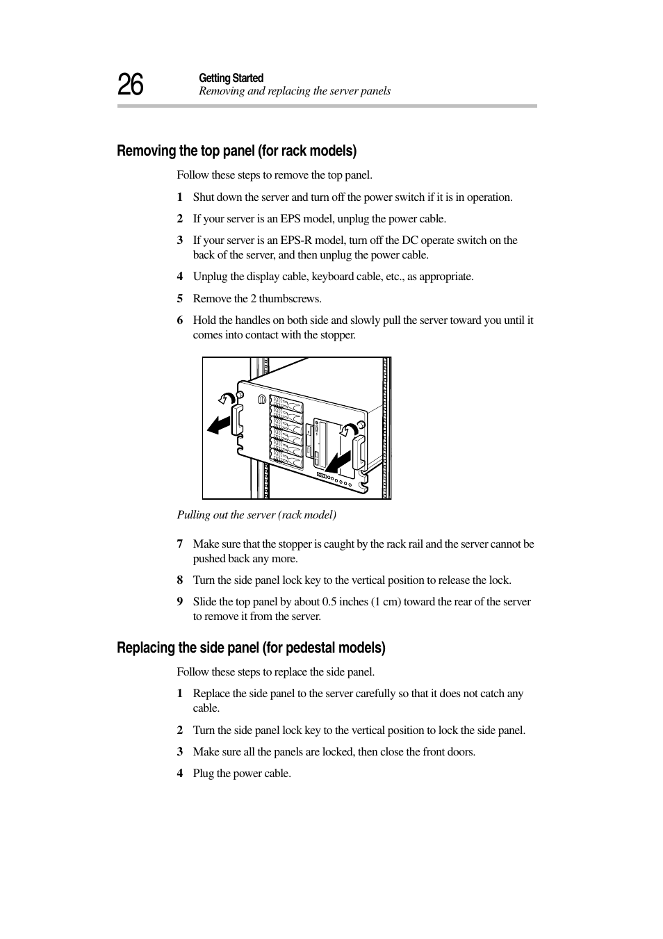 Removing the top panel (for rack models), Replacing the side panel (for pedestal models) | Toshiba Magnia 3030 User Manual | Page 44 / 244