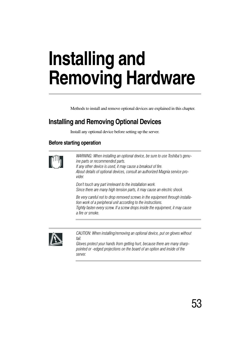 Installing and removing hardware | Toshiba Magnia 3030 User Manual | Page 71 / 244