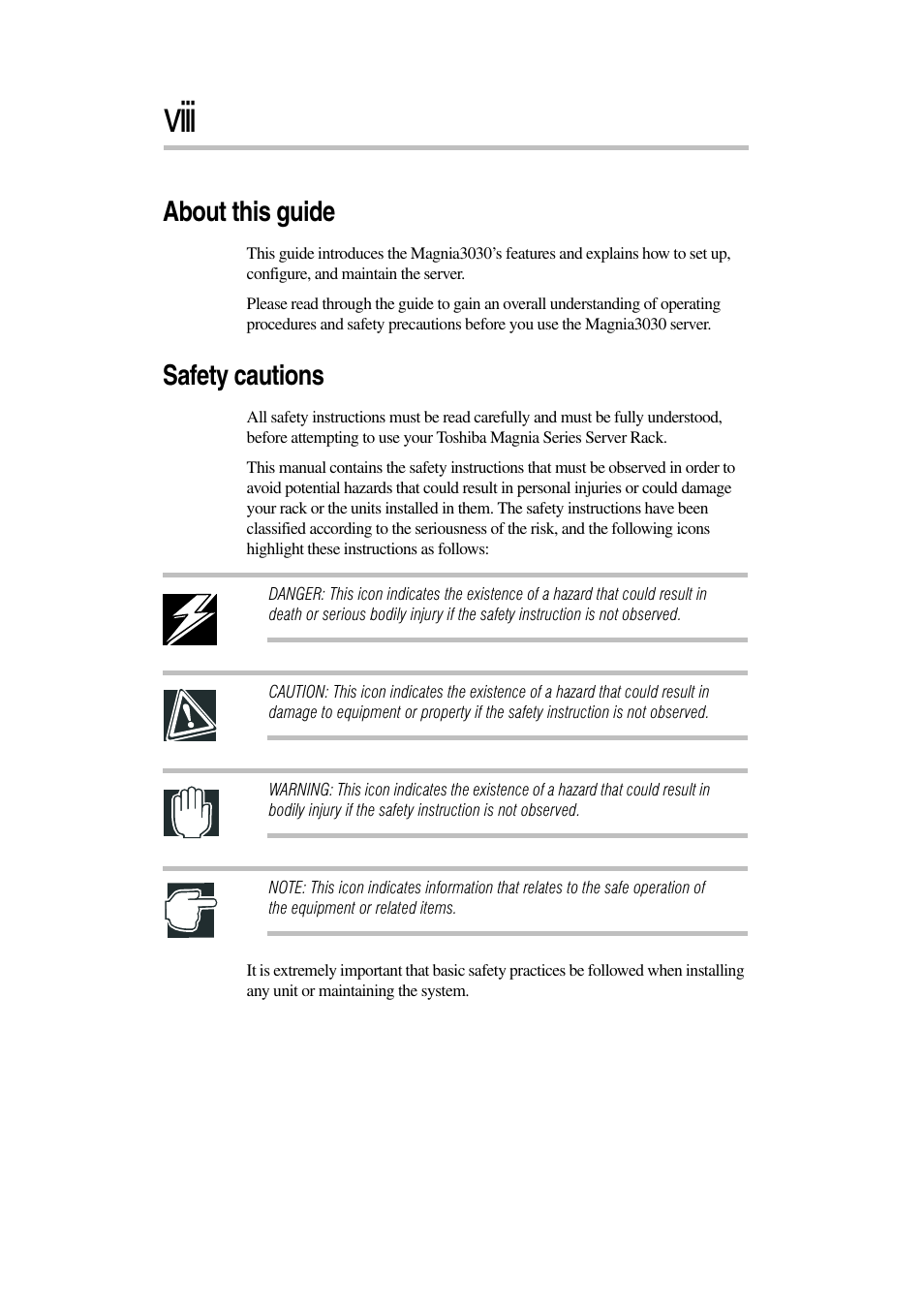 Viii, About this guide, Safety cautions | Toshiba Magnia 3030 User Manual | Page 8 / 244