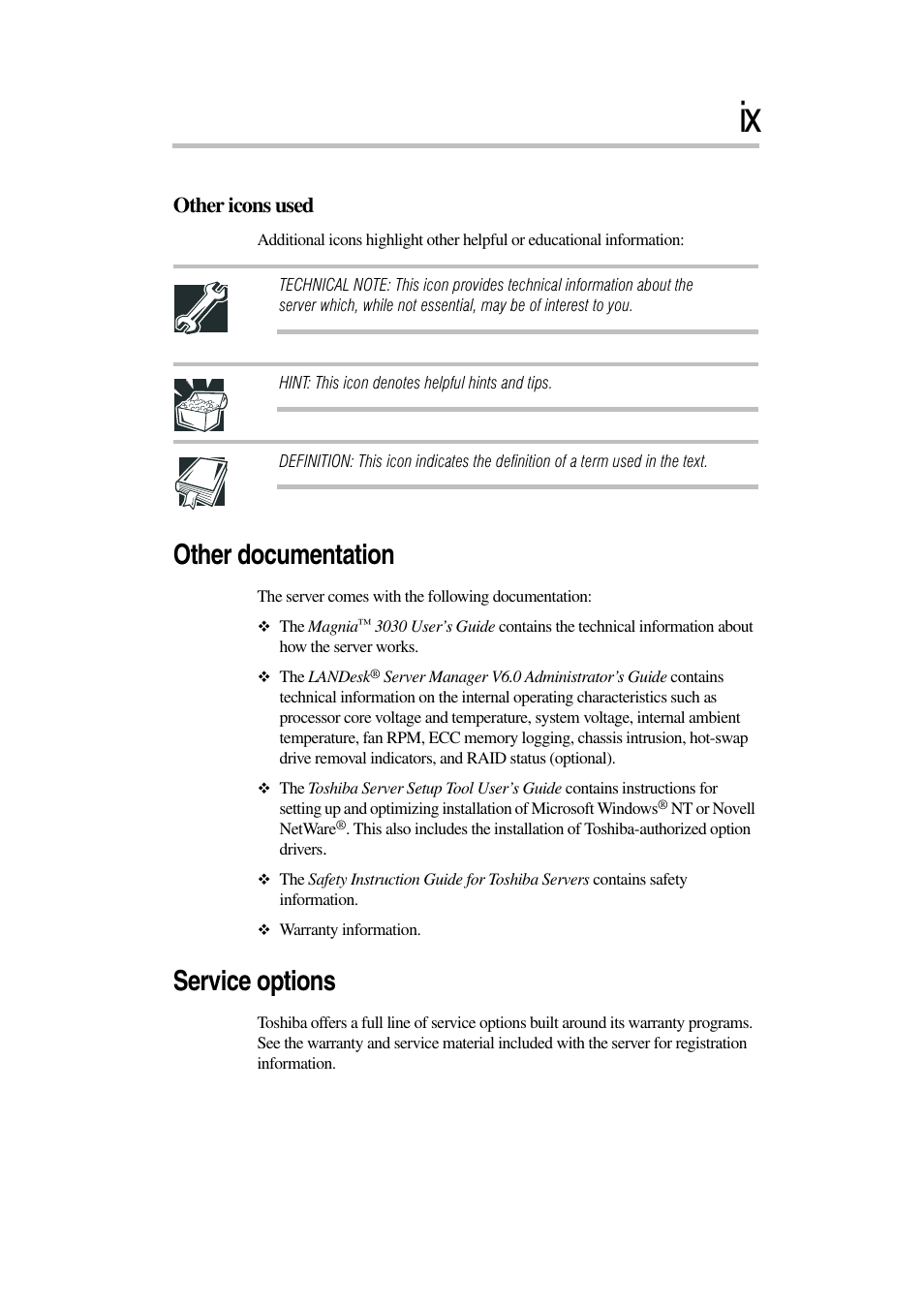 Other documentation, Service options, Other icons used | Toshiba Magnia 3030 User Manual | Page 9 / 244