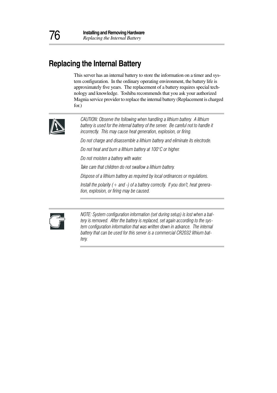 Replacing the internal battery | Toshiba Magnia 3030 User Manual | Page 94 / 244