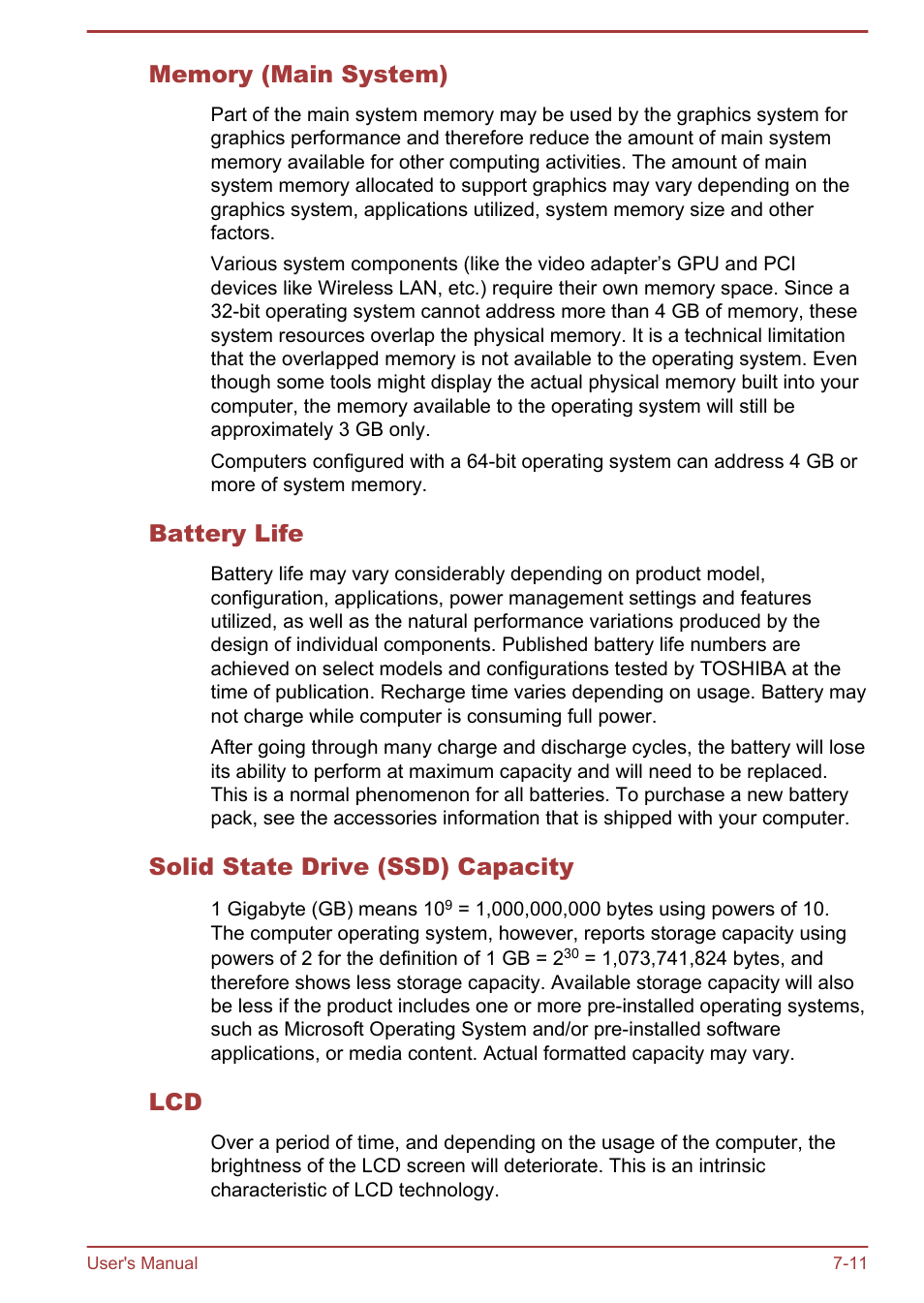 Memory (main system), Battery life, Solid state drive (ssd) capacity | Toshiba KIRA User Manual | Page 103 / 107