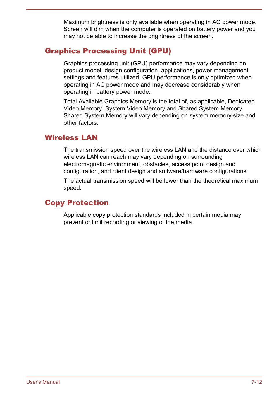 Graphics processing unit (gpu), Wireless lan, Copy protection | Toshiba KIRA User Manual | Page 104 / 107