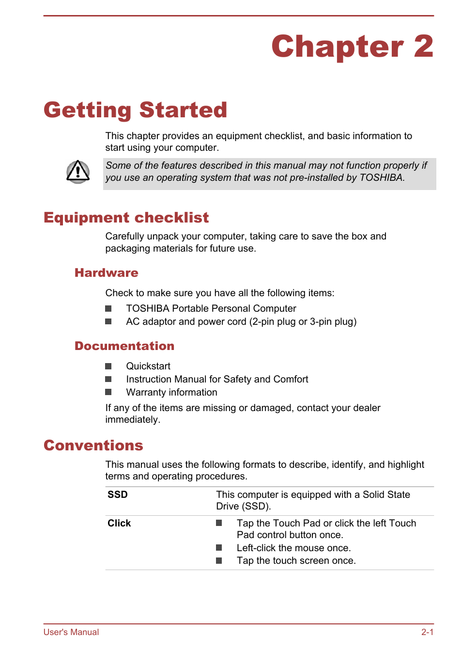 Chapter 2 getting started, Equipment checklist, Hardware | Documentation, Conventions, Chapter 2, Getting started, Equipment checklist -1 conventions -1 | Toshiba KIRA User Manual | Page 18 / 107